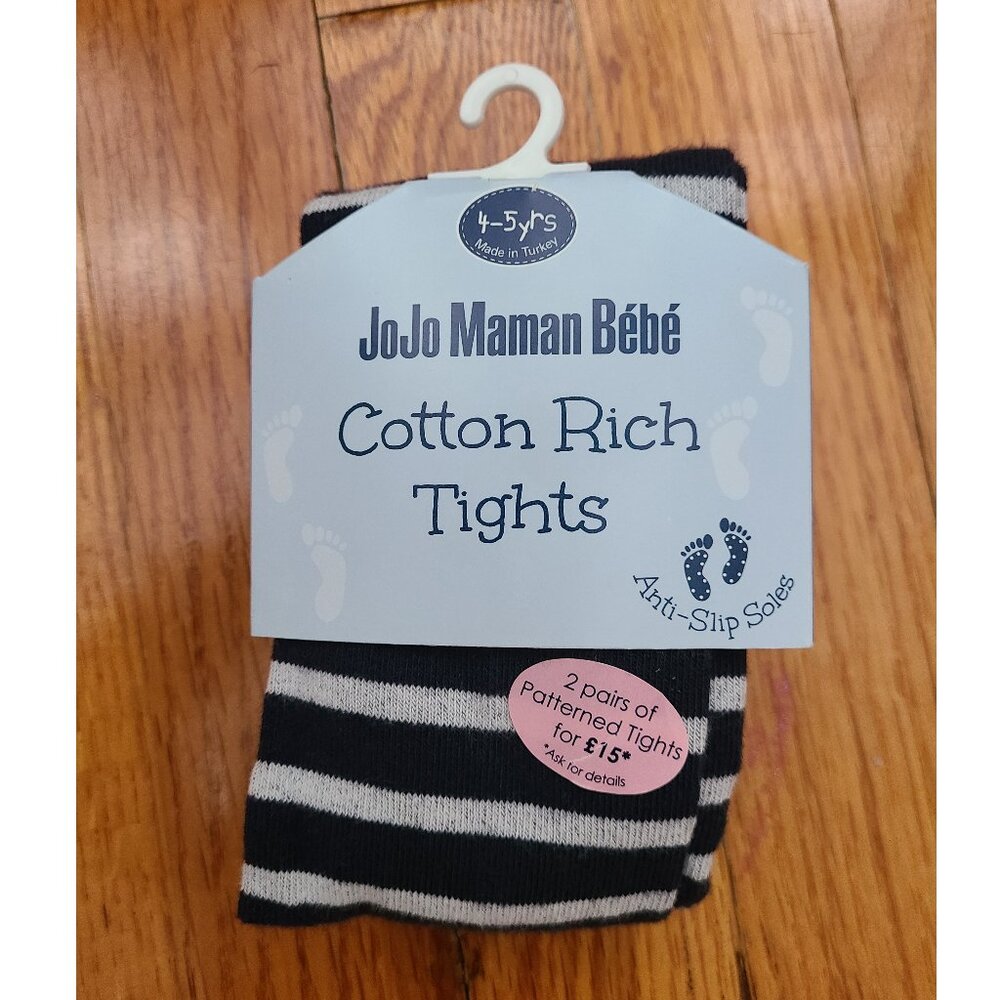 Jojo Maman Bebe Girls Navy Breton Cotton Tights Ecru Stripes Size 4-5